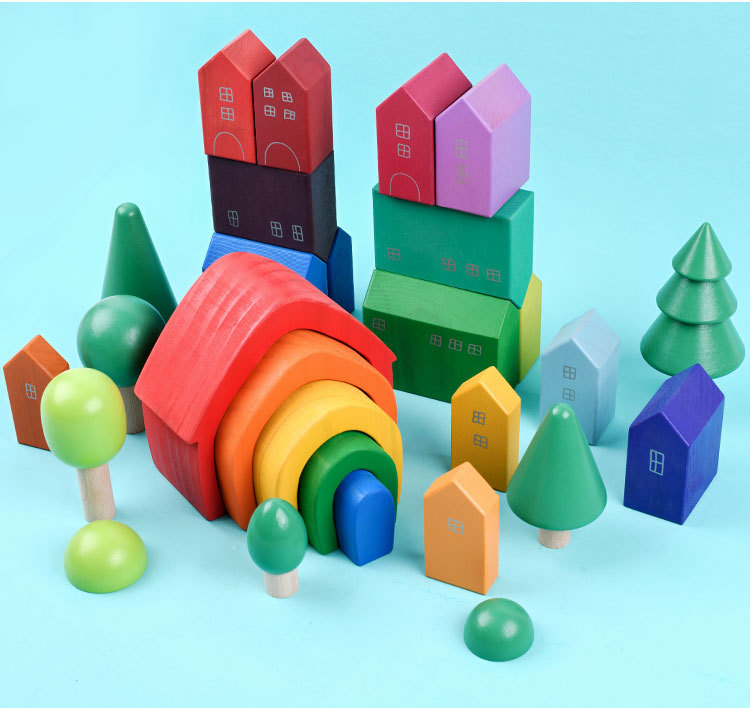 Baby 15cm Bridge Wooden Building Blocks Toy Nesting Rainbow Block Set