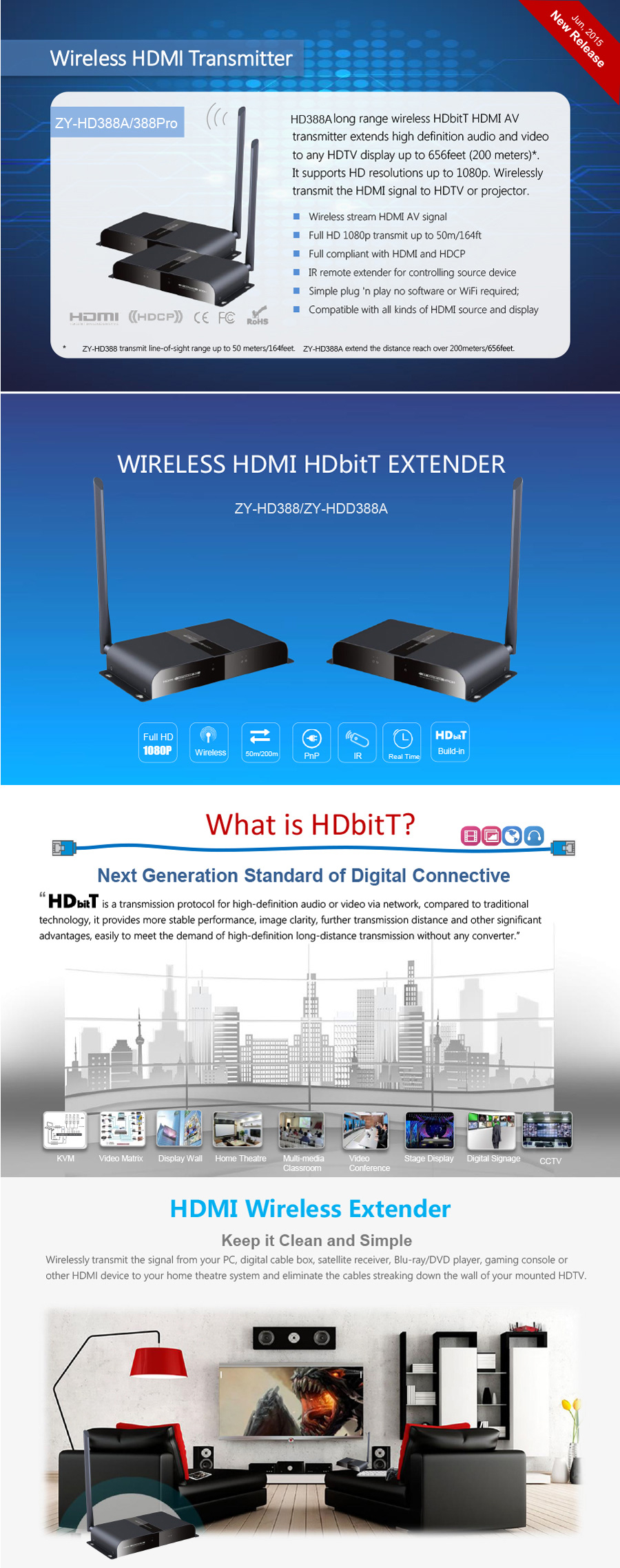Wireless HDMI HDbitT Transmitter & Reciver Kit 200m ZY-HD388A