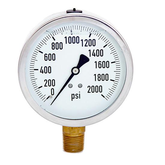 4" Liquid filled Pressure Gauge,glycerine, 0-2000 psi ,lower mount, 1/2 NPT,