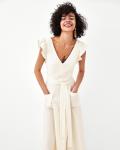 Elegant white linen maxi woman dress with bow