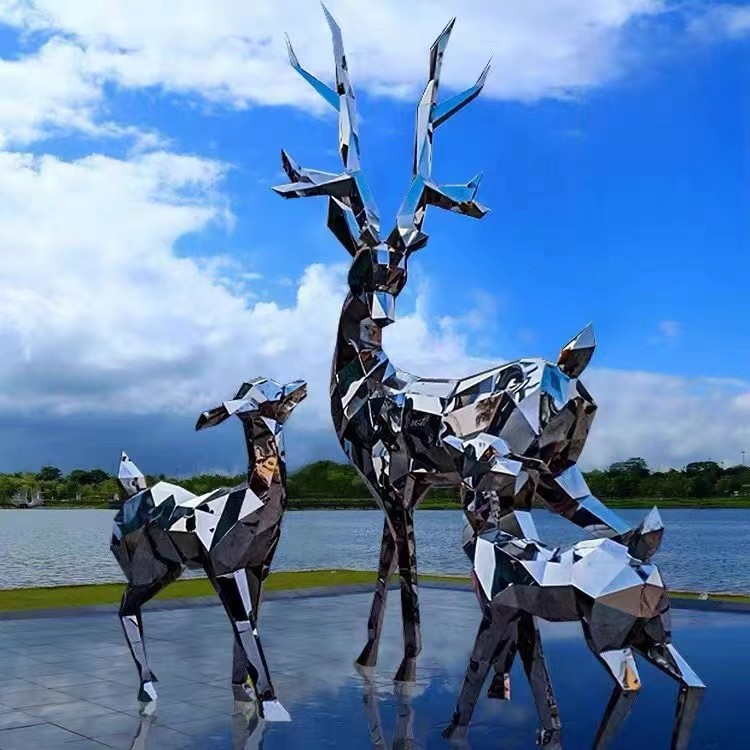 Hotel Decor Deer Stainless Steel Mirror Sculpture Garden Scenic Courtyard Park