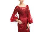 Ruched Red Ladies Evening Dresses , Balloon Long Sleeve Wedding Gown