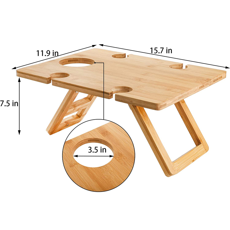 Portable Outdoor Indoor Wooden Bamboo Folding Picnic Tray Table for Snacks and Wine