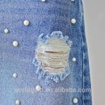 Custom Women A LINE Damaged Denim Skirt With Pearls And Frayed Hem