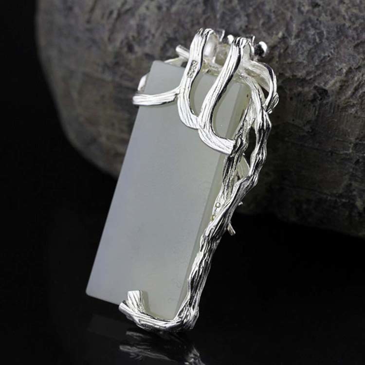 925 Sterling Silver Sculptured Flower Bird Natural Jade Pendant Necklace (DZ011049)