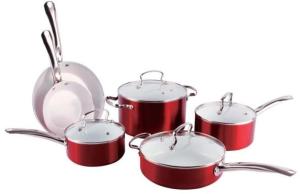China 9pcs germany metallic outside coated aluminum white ceramic marble cookware set factory