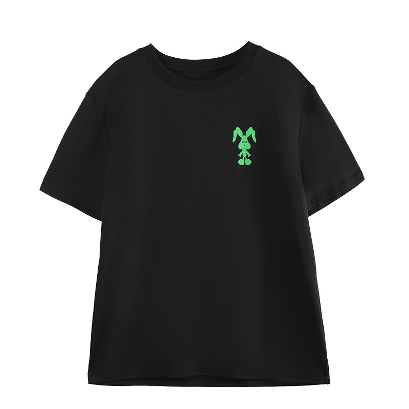 Women's Sustainable Black Rabbit Graphic Print Cotton Drop Shoulder Round Neck T-shirts