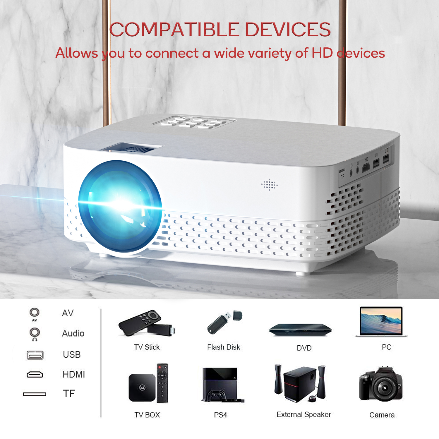 Q5 White Mini 1080P Projector Android 9.0 Smart Compact Projector