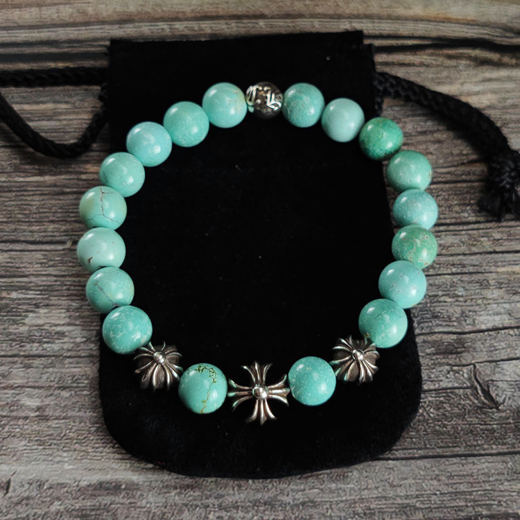 Natural Turquoise 10MM925 Silver Beads Bracelet Punk Hip-Hop European And American Trendy Personality Men And Women Kroro Silver Beads Bracelet Punk