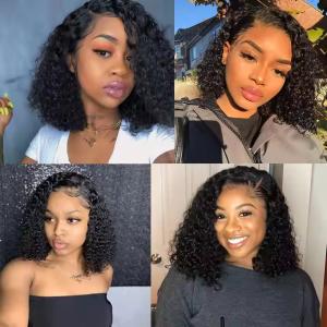 China Natural Black Short Cut Bob Kinky Curly 13X4 Deep Lace Front Wig Preplucked Glueless factory