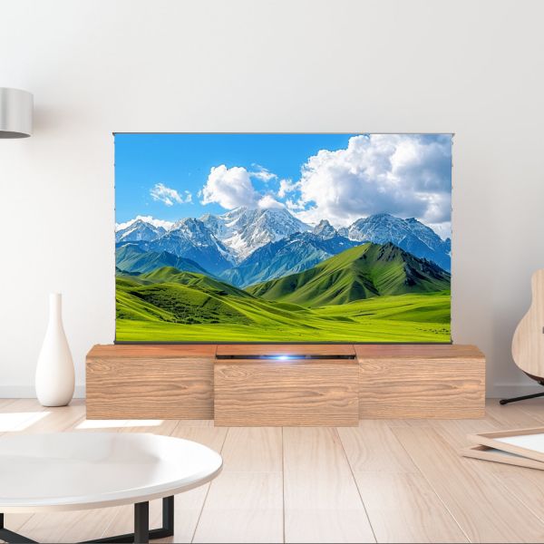 China Motorized Laser TV Cabinet Customized Telescopic TV Cabinet Brown Ultra Short Throw Projector Smart UST Cabinet factory