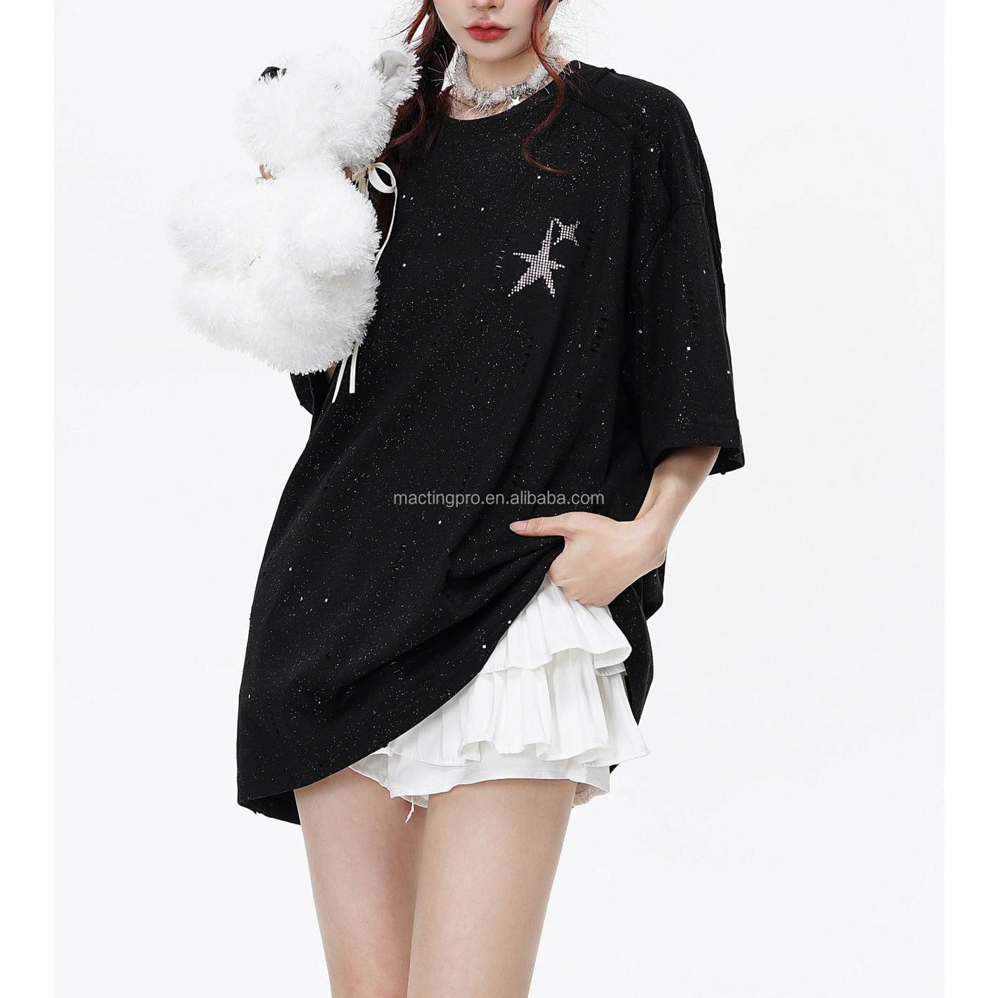 240Gsm Cotton Oversized Glitter T Shirt For Men Patchwork Raglan Sleeve