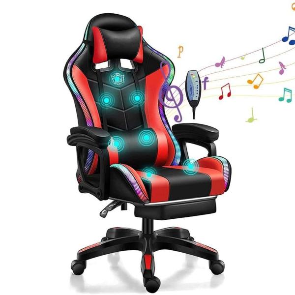 RGB Gaming Chair with 7 Points Massage Speakers and LED Light in Synthetic