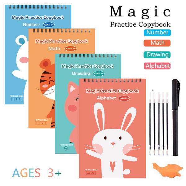 Reusable Writing Notebook for Kids 4 Books 1 Pen English Magic Practice and Calligraphy