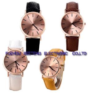 China Mature color PU leather strap simple style wrist watch with rose golden case for office ladies factory