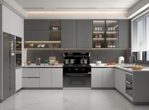 China Particleboard MDF Plywood PVC PET Melamine Finished Kitchen Cabinet factory