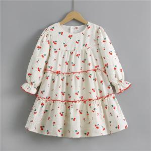 China Spring Children'S Clothing Cherry Printed Dress Girls Puff Sleeves Dress factory