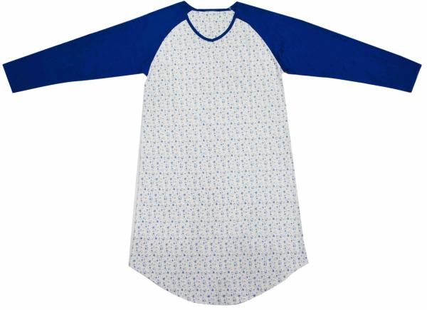 Ladies Cotton Jersey Blue/Floral Printed Raglan Long Sleeve V Neck Nightdress