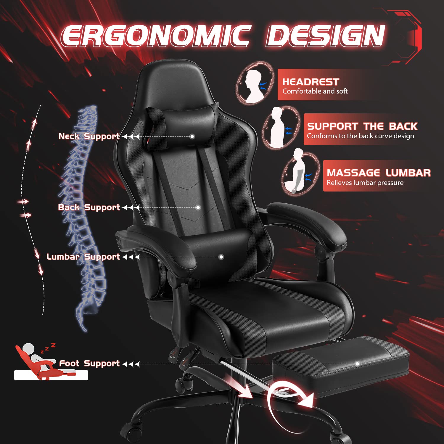 Solid Back Style Ergonomic Gaming Chair with Footrest and Massage Lumbar Support