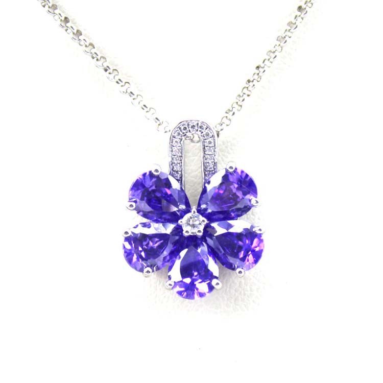 Women Jewelry Purple Cubic Zircon Flower Pendant Necklace (PSJ0223)