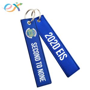 Custom Woven Keychain Metal Ring Polyester Fabric Blue Rectangle Polyester