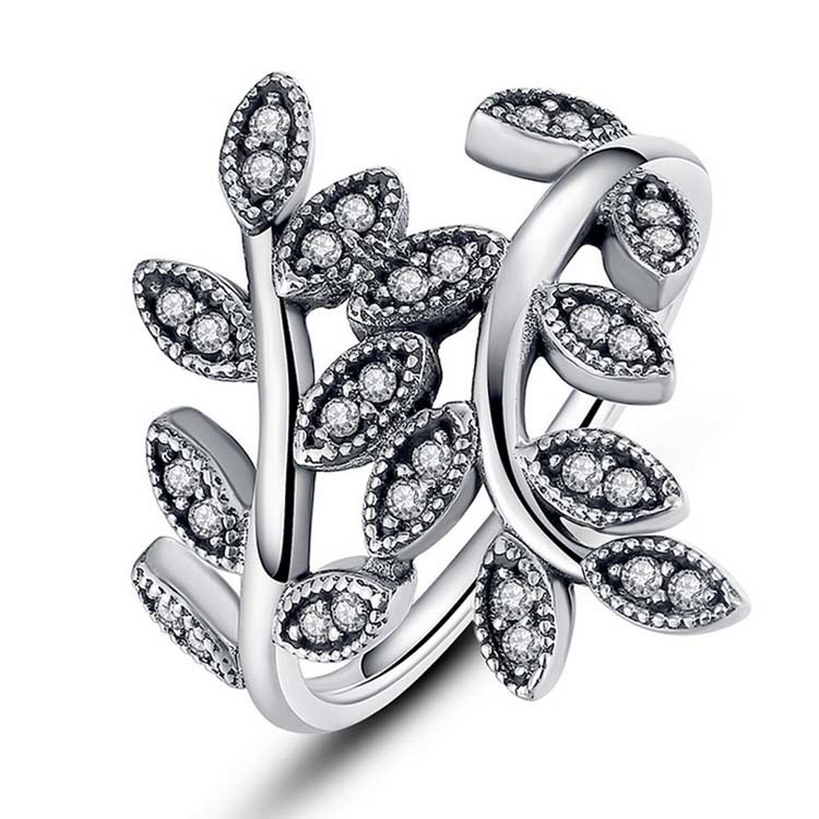 Sterling Silver Pave Clear Cubic Zircon Leaves Band Ring Vintage Style Jewelry (R12281)