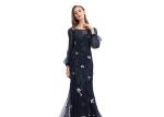 Three Quarters Sleeve Ladies Evening Dresses Embroidery Bird Women Party Dress
