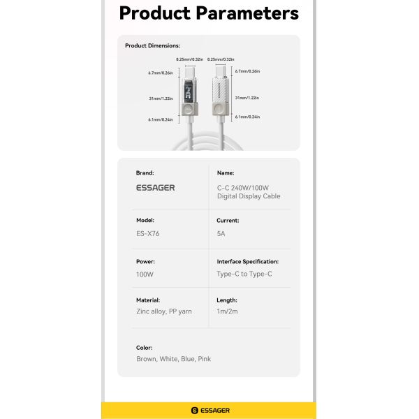 ESSAGER ES-X76 Type C To Type C Fast Charging Cable 240W 100W 5A Digital Display
