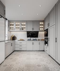 China Hotel Modern Kitchen Cabinet with Stainless Steel Door Material and Lacquer Finish factory