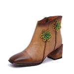 S214 High-heeled flowers handmade leather women's boots ethnic literary thick