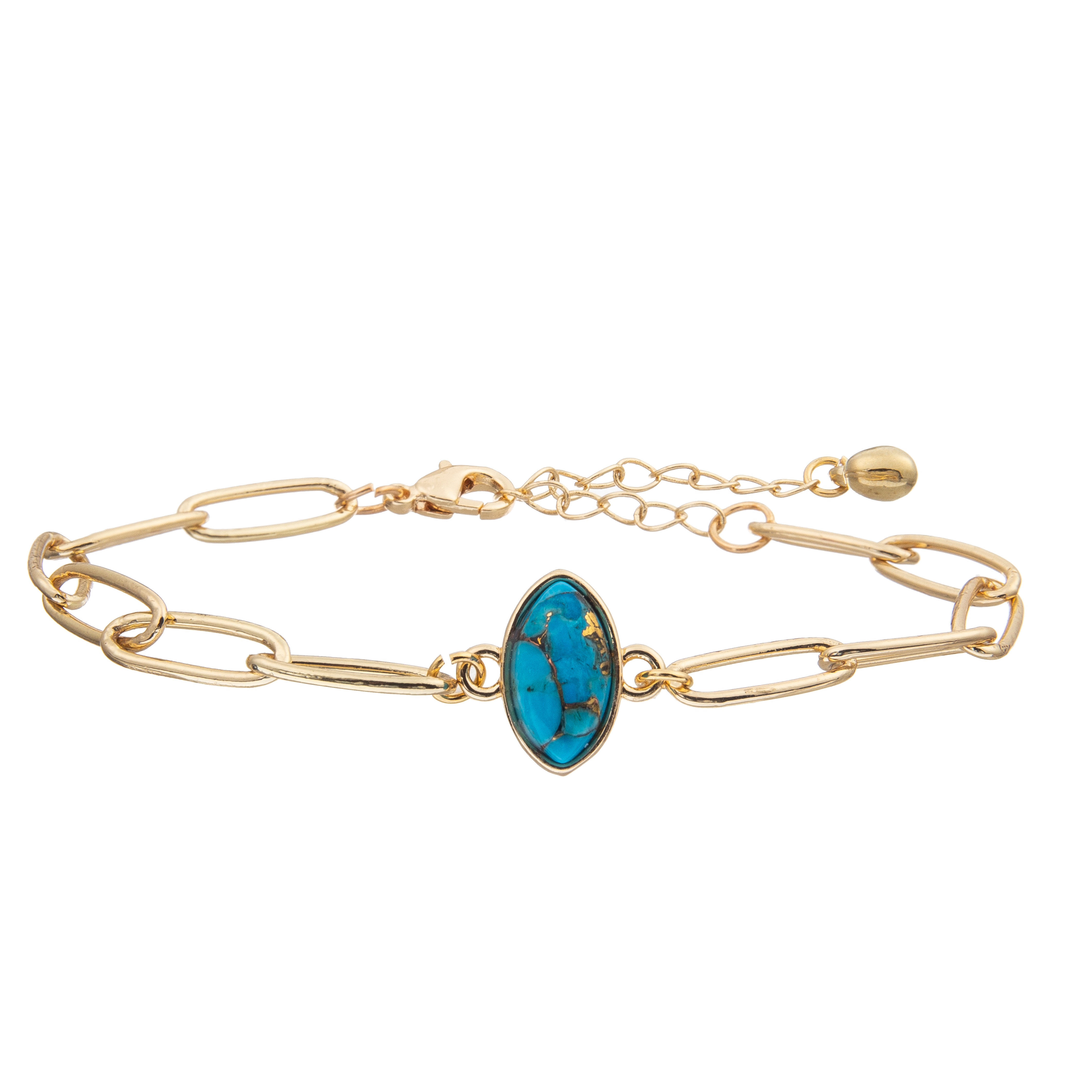 PaperClip Chain Link Bangle Bracelet Set With Gold Plated Faceted Turquoise