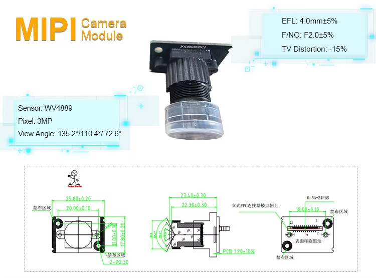 3MP Dark Light WV4889 Sensor 135 Degree 24 Pin Mipi PCB Camera Module