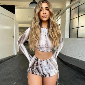 China Striped Print Two Piece Casual Set , Long Sleeve Casual 2 Piece Short Set factory