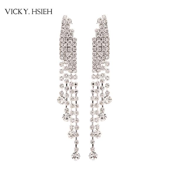 VICKY.HSIEH Wedding Bridal Silver Tone Cystal Rhinestone Tassel Dangle Earrings
