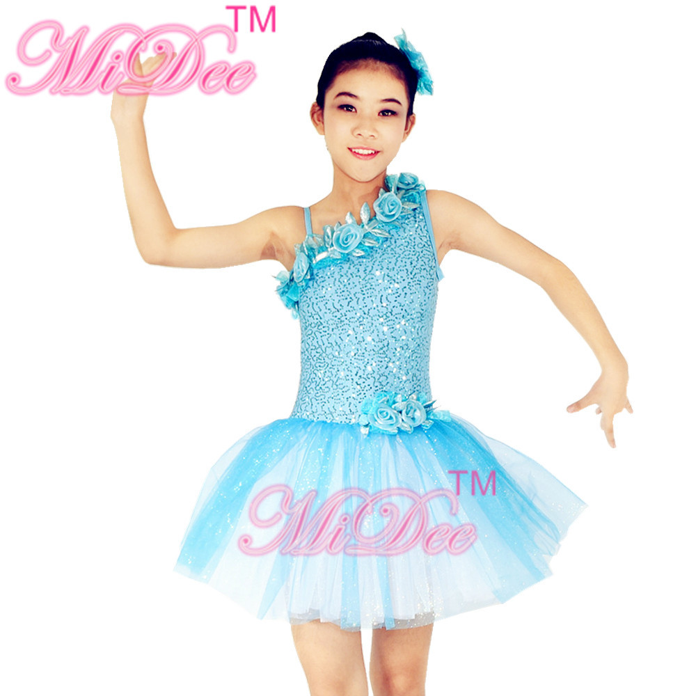Floral Diagonal Neckline Tutu Dress Ballet Dance Competition Costumes Dress for Children and Adults