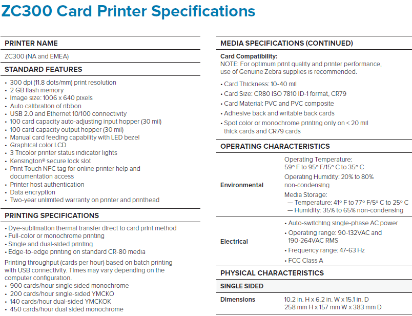 Zebra ZC300 Single/Double Sided ID Card Printer USB Direct Print for 300dpi Printing