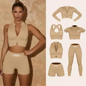 China Natural Color Sports Wear Clothing Ribbed Yoga Set Zipper Activewear Suit factory