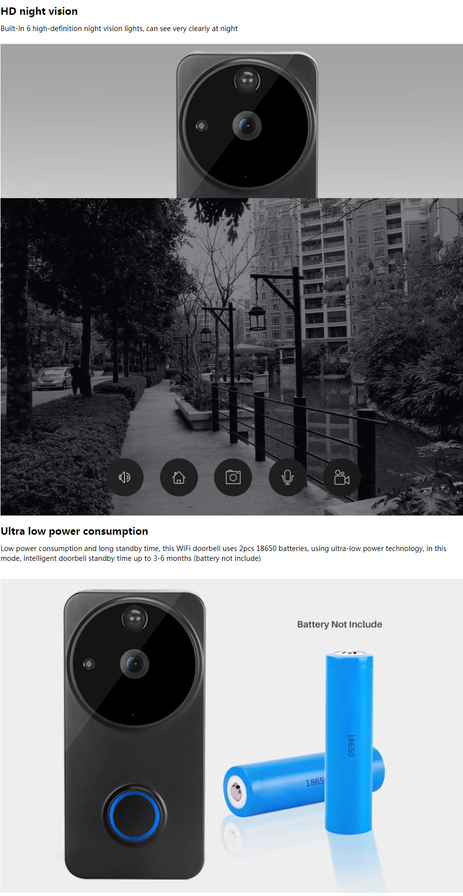 ABS Smart Home Wireless Doorbell 1080P Smart Camera Doorbell 2-Way Motion Detector