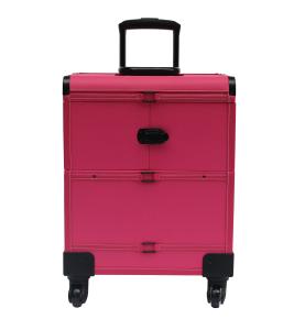 China Pink Leather Makeup Trolley Case With Wheels factory