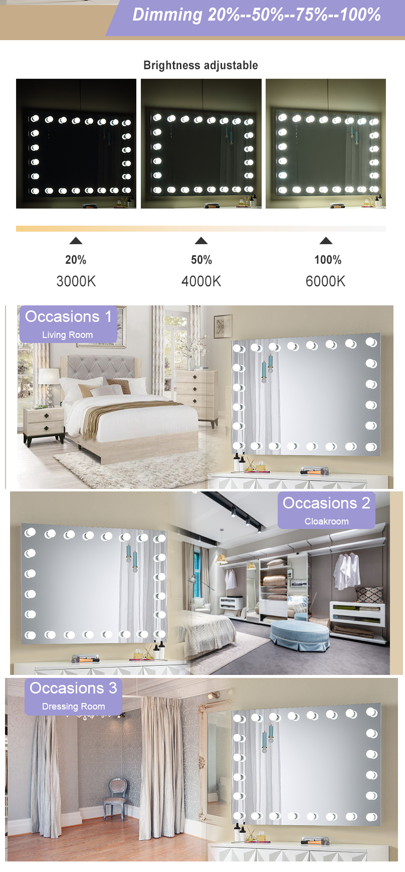 Silver Finishing Makeup Mirror With LED Light Luxury Gold Customizable