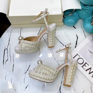 China Pearl inlaid design women's high heel sandals，open toe height increasing women sandals factory