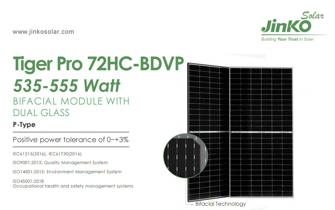 IP68 P Type Jinko Tiger Pro Bifacial Module Dual Glass 535W 545W 555 Watt