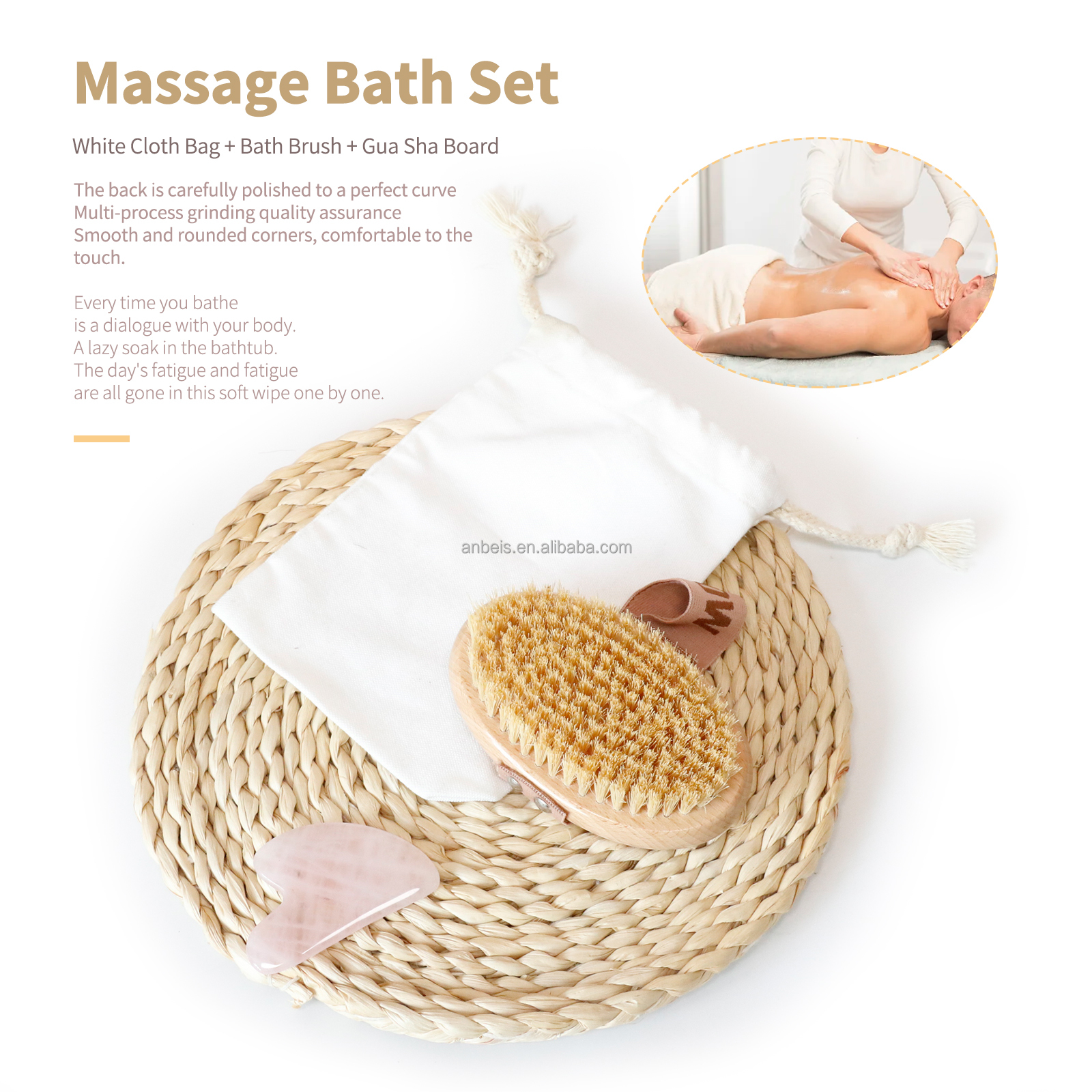 Exfoliating Body Bath Dry Brush Kit Wooden Scrub Bath Spa Massage