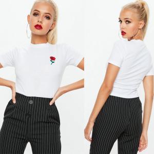 China White Rose Embroidered Crop T Shirt Clothing Women factory