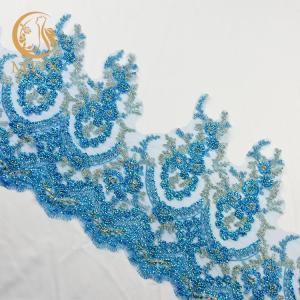 China Gorgeous Clothing Blue Fashion Lace Trim Decoration 1 yard Length With Stones factory