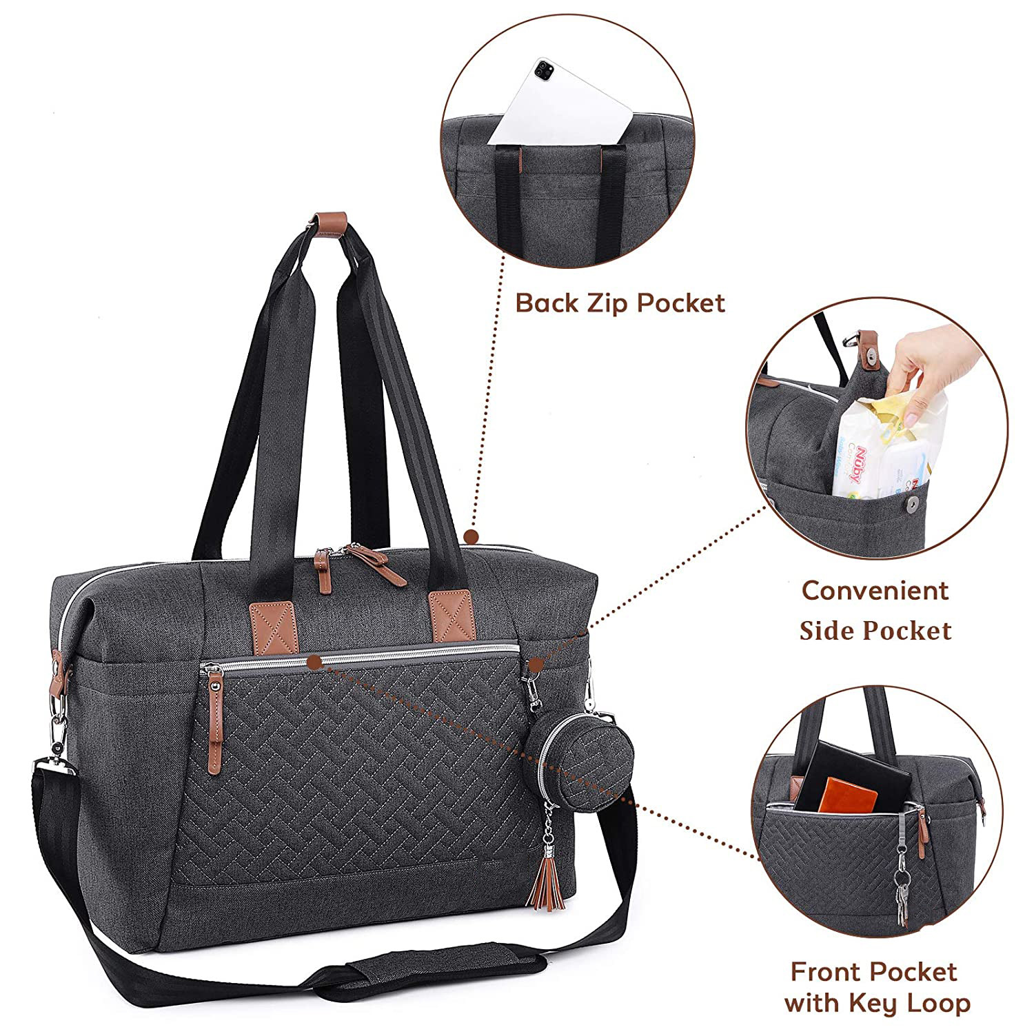 Extra Large Diaper Tote Bag Black With Pacifier Case Changing Pad 17x8x12"