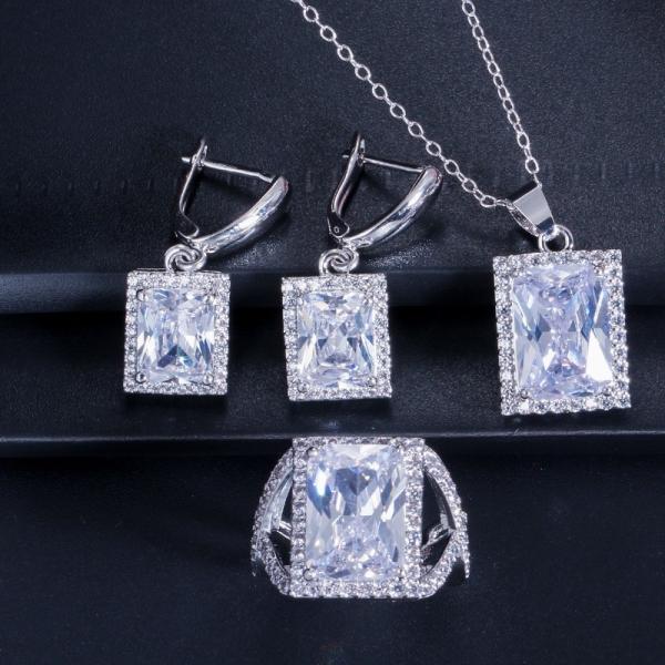Fashion Square Shiny Rhinestones Necklace Ring Earrings Wedding Jewelry Elegant