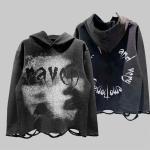 Cotton Distressed Hoodie Dtg Print Hoodie French Terry Pullover Ripped Cut Raw