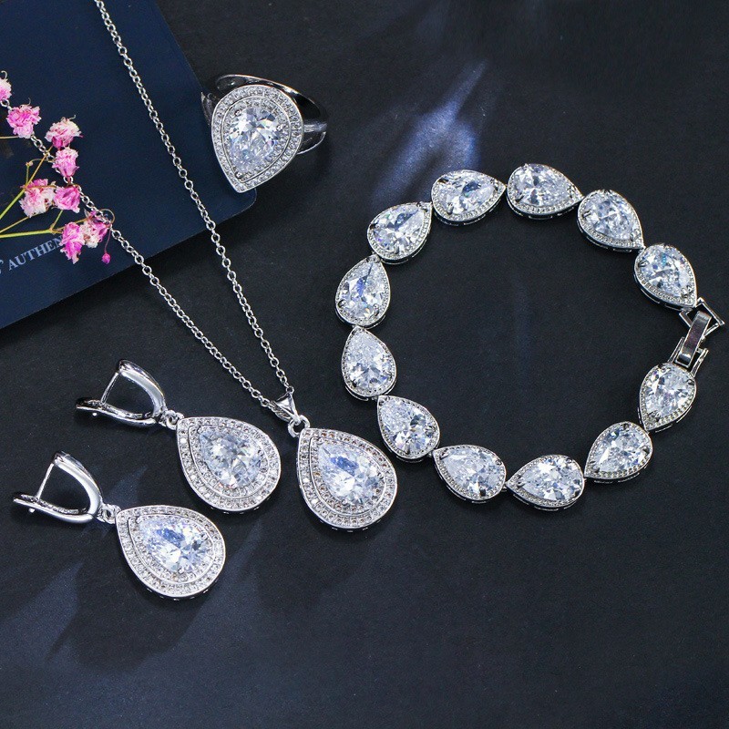 Water Drop Rhinestone Long Pendant Full Crystal Silver Plated Necklace & Earrings Elegant Bridal Wedding Jewelry Set
