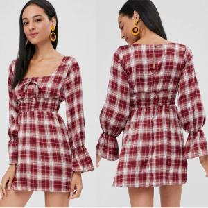 China Womens Apparel Square Neck Checked Mini Empire Waist Dress factory